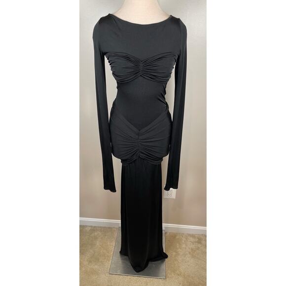 Helsa Josephine Long Sleeve Ruched Slinky Jersey Black Maxi Dress Size Medium - Picture 3 of 9